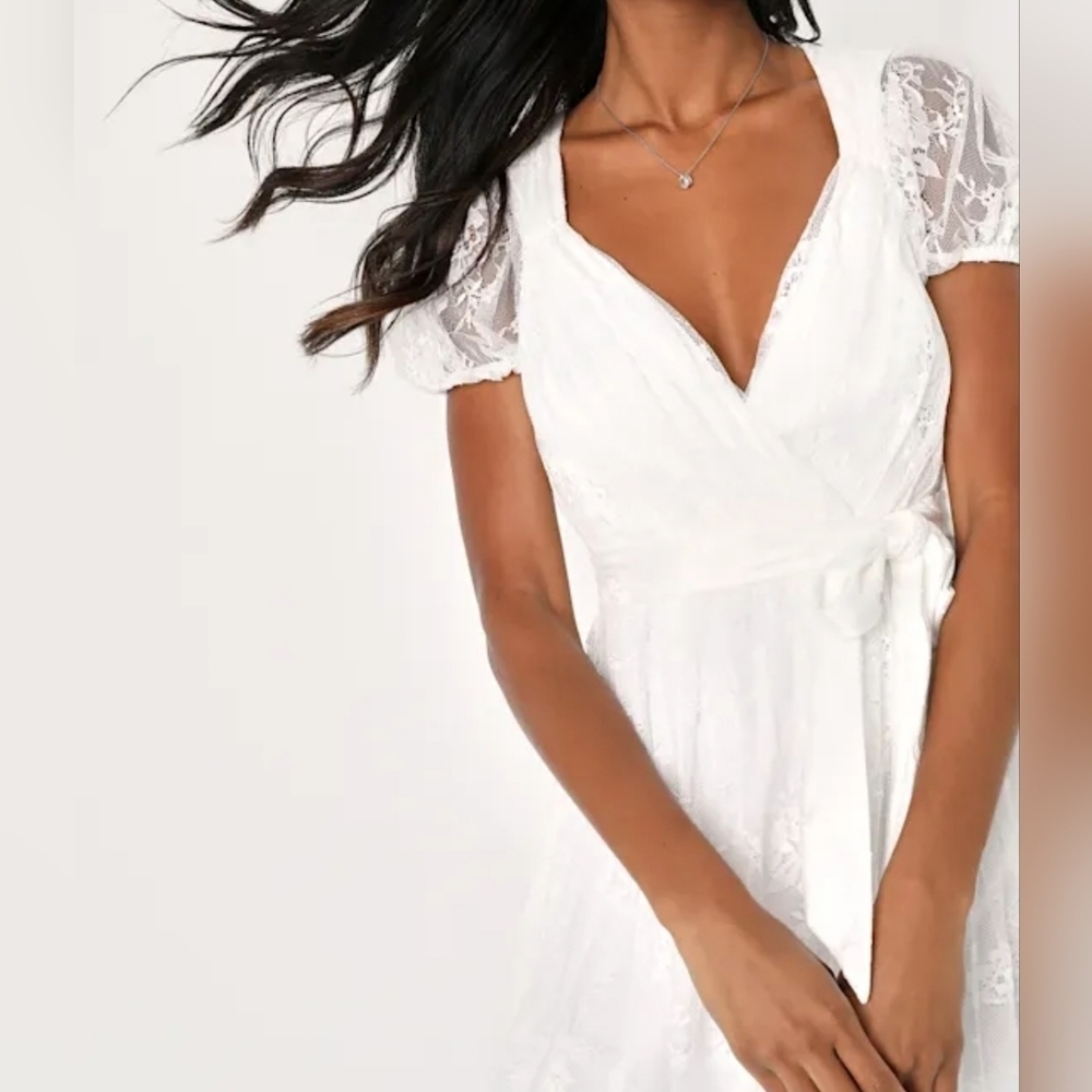 Lulus Romantic Prose White Lace Puff Sleeve Backless Midi Skater Dress, Small - Picture 3 of 14